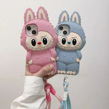 3D Cartoon Kawaii Monster Rabbit Soft Silicone Phone Case For iPhone 16 15 14 Plus 13 12 11 Pro Max 16promax With Lanyard Cover